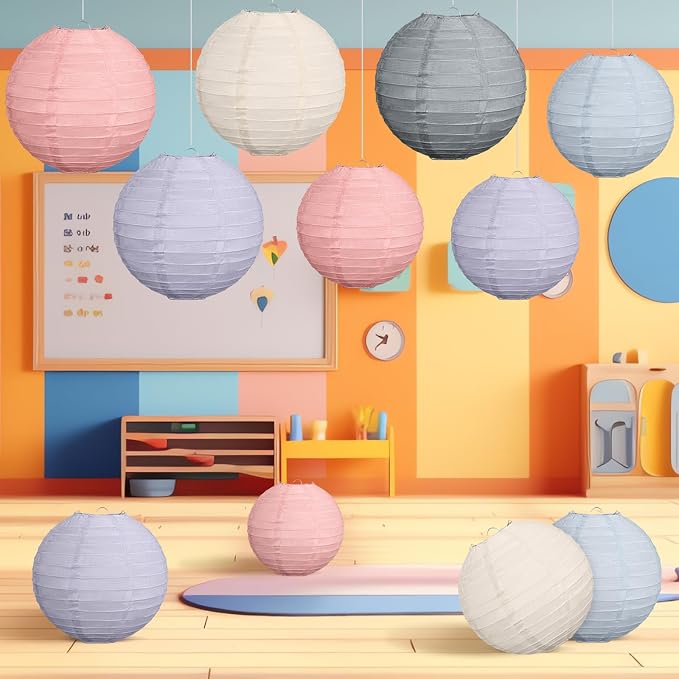Glooglitter 16 Pcs Colorful Hanging Paper Lanterns Boho Party Decorations 4” 6” 8” 10” Round Decorative Chinese Lanterns Classroom Ceiling Decor for Indoor Outdoor Wedding Baby Shower, Morandi Color