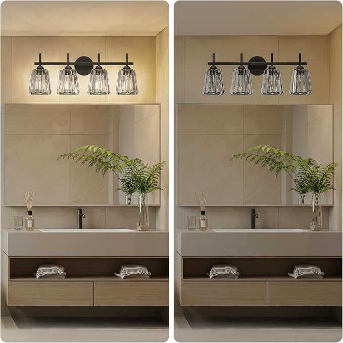 Crystal Bathroom Light Fixtures Over Mirror, Black 4-Light Bathroom Vanity Lights Over Mirror Modern Wall Lighting Sconces with Ceramic E26 Base (Bulbs Not Include)