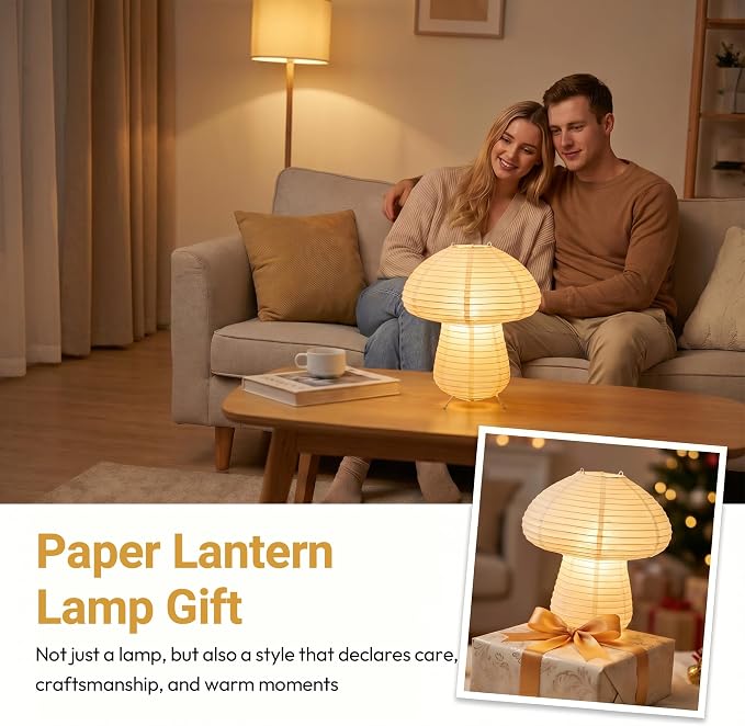 Paper Lantern Table Lamp, Rice Paper Japanese Lights, Modern Mid Century Cute Small Desk Lamps for Bedroom, Living Room