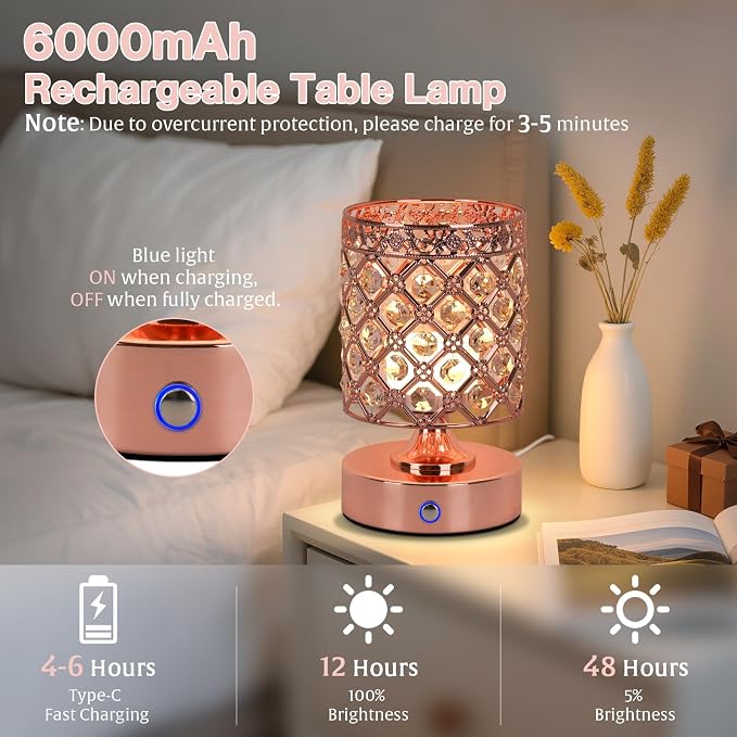 Rose Gold Small Crystal Rechargeable Cordless Table Lamps Set of 2 | 6000mAh Battery, 3 Color Temps, Stepless Dimming, Touch Control, Portable Wireless Night Light for Bar Bedroom Living Room