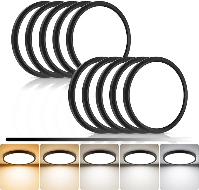 libtit 10Pack 7inch LED Flush Mount Ceiling Light, Dimmable & 5Color Temperatures (3000K-6500K), 15W Round Slim Black Light Fixture for Closet Hallway Kitchen Bathroom Laundry