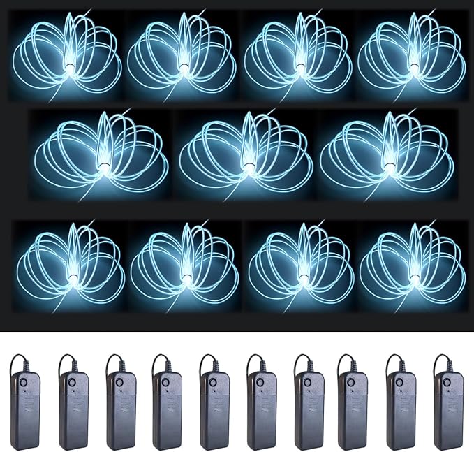 MaxLax EL Wire White 10-Pack, 9ft/2.75m Neon Light Wire with Noise Reduction and Battery Pack…