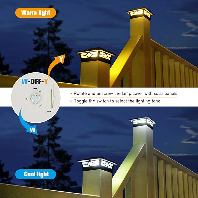 Solar Post Cap Lights Outdoor 6pack, Waterproof Solar Powered Deck Fence Post Lights for 4x4 Wood/Vinyl Posts, Solar Outdoor LED Light with Cool/Warm Lighting Decorate Garden Patio Porch…