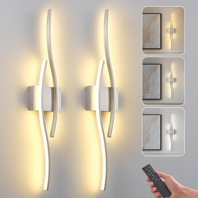 Battery Operated Wall Sconces Set of 2, Dimmable Modern LED Rechargeable Wall Light with Remote Control, Wall Decor for Living Room, Hallway, Quick Install, No Electrician Required 23.6 Inch