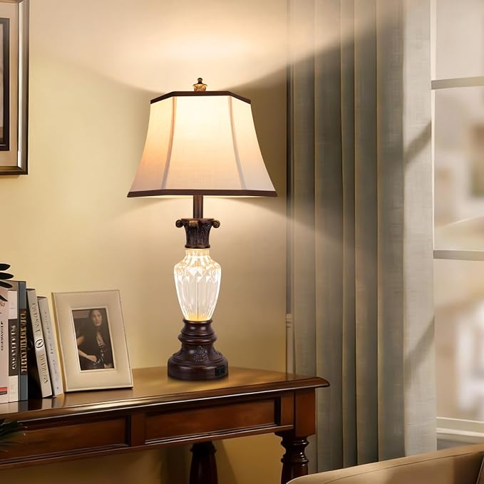 28.5" Table Lamps Set of 2, Vintage Glass Nightstand Lamps with USB Ports | Farmhouse Lamps for Living Room Bedroom, 3-Color Temperatures Bedside Lamp, Resin Brown Lamp with Nightlight, Bulbs Included