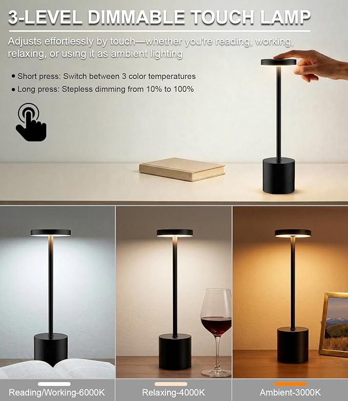 Cordless Table Lamp Set of 2, Rechargeable 5000mAh Battery Operated Outdoor Table Lamps, Portable LED Desk Lamp, 3 Color Dimmable Table Light for Restaurant, Patio, Bedroom, Bedside Night Lamp(Black)