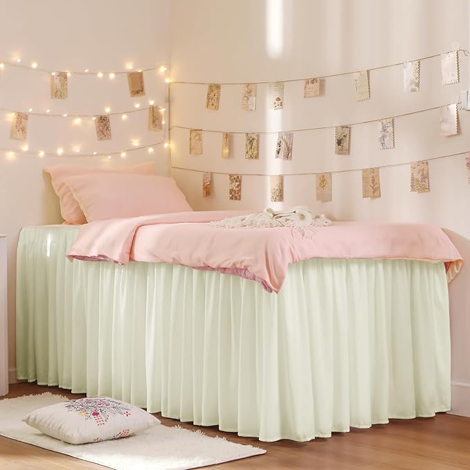 RIMELA Dorm Bed Skirt Twin XL 46 Inch Drop, Easy to Install Extra Long Wrap Around Elastic Dust Ruffle, Cream Bedskirt Solid Silky Fabric (Twin XL 80“L x 39”W & Twin 75“L x 39”W)
