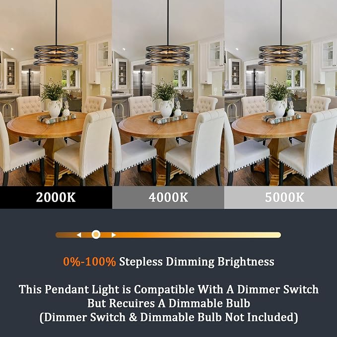 Farmhouse Semi Flush Mount Ceiling Light, Black and Wood Grain Kitchen Island Hanging Pendant Lighting for Dining Room Bedroom Bar Office, Industrial