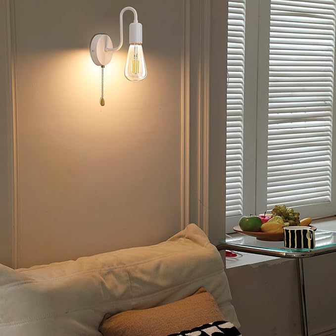 Hardwired Pull Chain Wall Sconce White, 1-Light Wall Light Fixture with On Off Switch, Small Vintage Metal Wall Lamp Indoor for Bedroom Kitchen, Bulb Not Included
