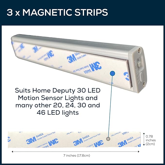 Magnetic Strips for Motion Sensor Lights - 3 Pack - Replacement Magnetic Strips with Adhesive Backing for LED Under Cabinet Lights