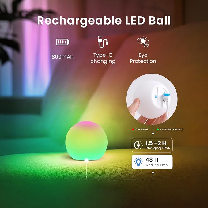 LOFTEK LED Ball Light, 3-inch Rechargeable Globe Lights, Color-Changing Ball Lamp with Remote, Waterproof Orb Light, Smart Sphere Night Light for Home Bedroom Pool Decor, Xmas Gift, 8 Pack