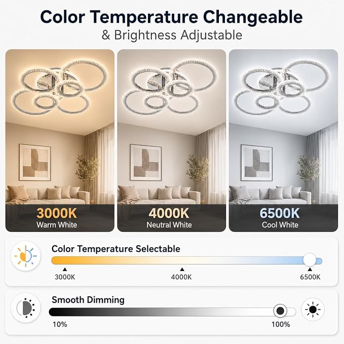 Garwarm Modern LED Flush Mount Ceiling Light with Remote, 6 Ring Chrome | 76W Dimmable LED Ceiling Fixture,3000K-6000K Adjustable Lighting for Low Ceiling Living Room, Dining Room ,Kitchen,Bedroom