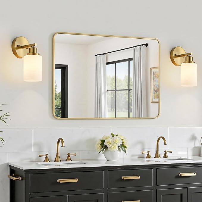 2-Pack, 1-Light Vanity Lights, Brushed Gold Bathroom Light Fixture with Textured Milky White Glass Shade, E26 Modern Vanity Lighting Fixture for Bathroom Wall Sconce