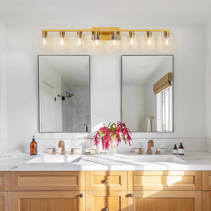 8 Light Bathroom Vanity Light Gold Bathroom Light Fixtures Brass Vanity Lights for Bathrrom 46 in Large Wall Sconce Brush Gold with Clear Glass Shade for Living Room