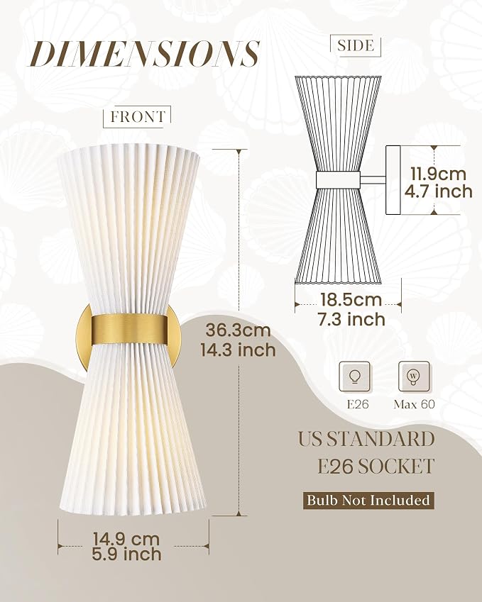 Gold Sconce Wall Lighting, HWH Single Wall Vanity Light Fixture for Living Room, Bathroom Wall Sconces with Milk White Striped Fabric Shade, Brushed Gold Finish, 5HZG97B-2W BG-FB