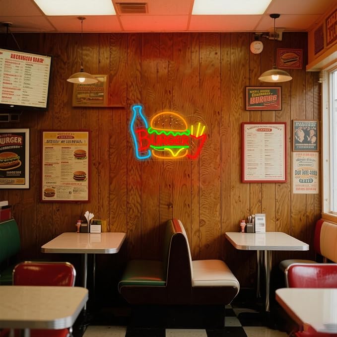 Burger & Fries Neon Sign - Retro Dimmable Fast Food LED Light, Restaurant & Dining Room Wall Decor, Snack Bar Sign, Hamburgers Party Decorations