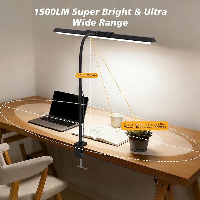 LED Desk Lamp for Office Home, Stepless Dimming Architect Desk Light with DC Adapter, Eye-Caring Desk Lamp with Clamp, 25 Lighting Modes Adjustable 12.8in Flexible Gooseneck for Workbench(Black)