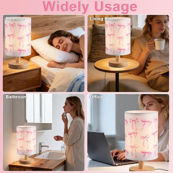 Lonfliness Pink Bow Kids Table Lamp Kids Bedside Lamp Bedroom LED Night Light with Linen Wooden Nightstand Cartoon Nursery Lampshade for Girls Boys Living Room
