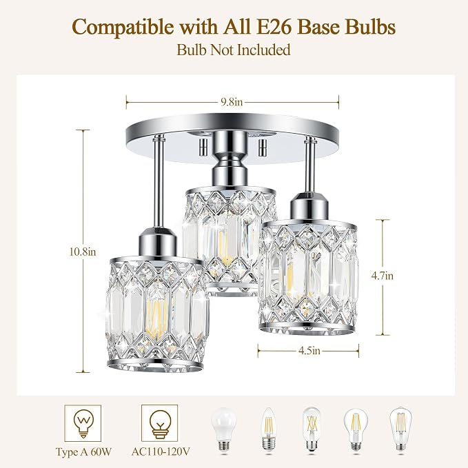Chrome Crystal Ceiling Light Fixture, 3-Light, E26 | Modern Semi Flush Mount Ceiling Light, Kitchen Lighting Fixtures Ceiling for Hallway Bedroom Bathroom Laundry Room