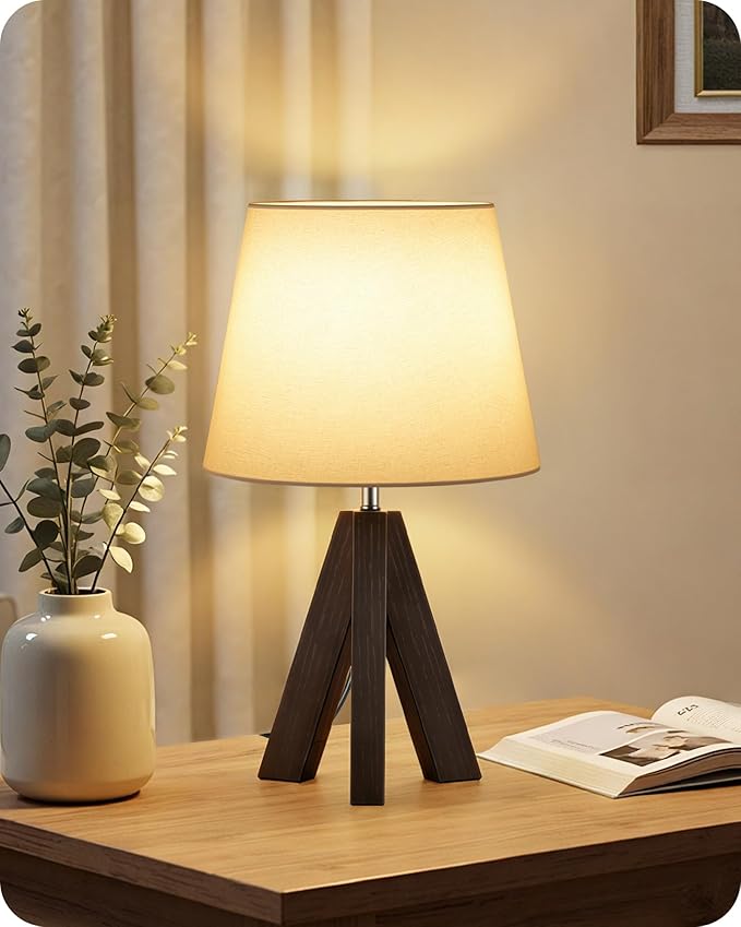 Small Table Lamp for Bedroom, 14.6" Bedside Lamp with White Linen Shade and Walnut Wood Tripod Base, Modern Nightstand Lamp for Living Room, Nursery, Entryway, E26 Socket, VW51TL05