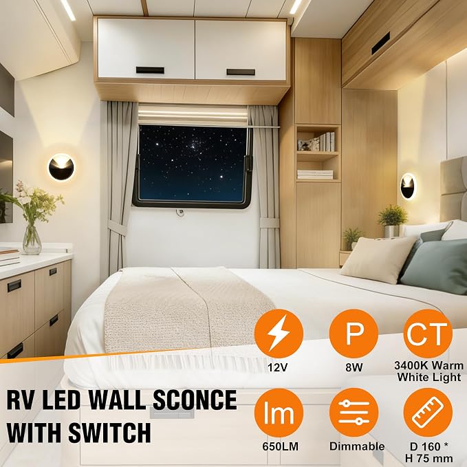 Facon RV Wall Sconce Reading Light - 6.25'' Dia, Dual-Zone Wall Lighting & Spot Light with Independent Switch, 12V RV Interior Light for Bedroom, Camper, Trailer, Tiny Homes