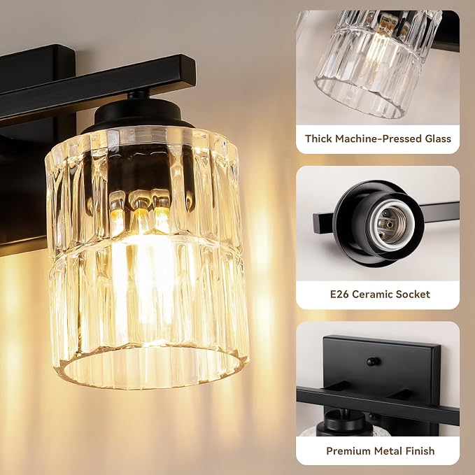 TALOYA Black 3-Light Bathroom Vanity Light with Fluted Cylinder Glass Shade | Modern Vanity Lighting Fixtures, Bathroom Lights Over Mirror, Wall Mount Mirror Light Fixtures for Bathroom Hallway Bedroom