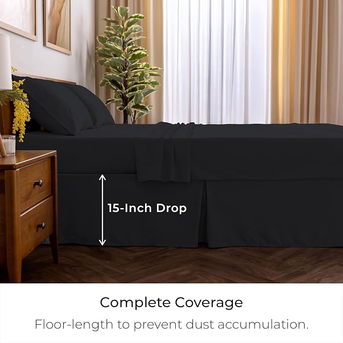 Mellanni Bed Skirt Twin XL Size - Tailored Drop Bed Skirting | 15-Inch Pleated Dust Ruffle - Hotel Luxury Bedding - Wrinkle, Fade, Stain Resistant - 1 Bedskirt (Twin XL, Black)