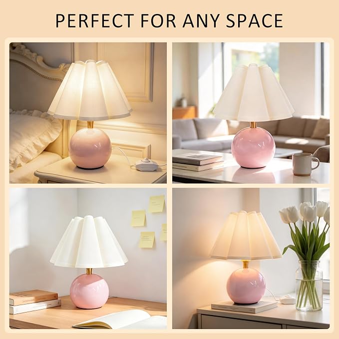 Small Bedside Table Lamp, 11.8'' Ceramic Stepless Dimmable Lamp (Pink) | with scalloped fabric shade for nightstand & living room. Perfect for quiet nights to create a cozy, relaxing atmosphere