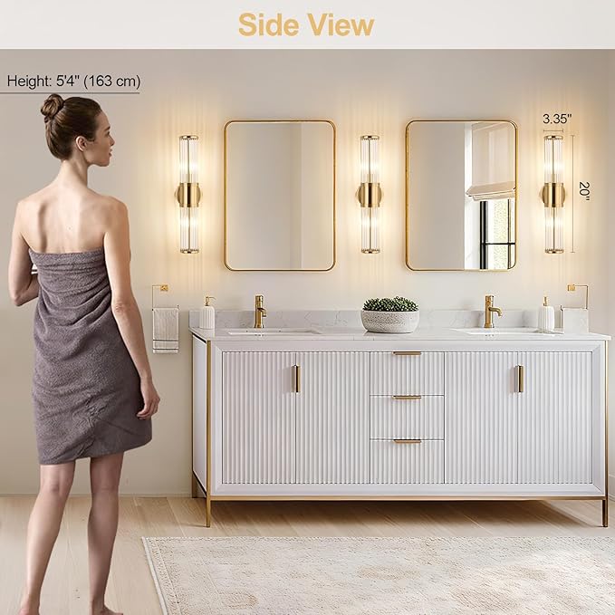 Modern Brushed Brass Vanity Light Fixture - Dual Glass Rods Wall Sconce for Bathroom, Double Light Socket E12 Candelabra Base, Mirror Vanity Lighting (Bulbs Not Included)