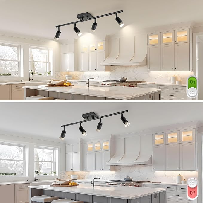 SEEBLEN 4-Light GU10 Track Lighting, Black Adjustable Ceiling Spot Light Kit, Industrial Flush Mount LED Track Light for Kitchen, Hallway, Living Room
