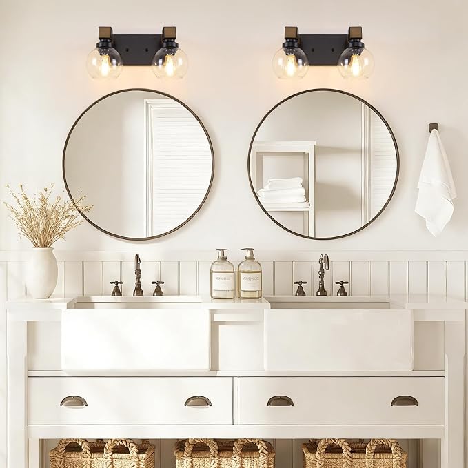Farmhouse Bathroom Vanity Light, 2-Light Wood Bathroom Light Fixtures Over Mirror, Black Vanity Lighting Fixtures with Glass Shades, Rustic Bathroom Lighting for Living Room Bedroom Hallway