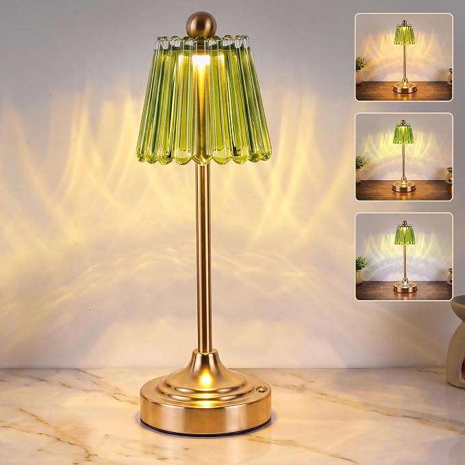 Small Vintage Cordless Table Lamp, Green Glass Shade, 3 Color Dimming,Touch Accent Lamp for Bedroom,Nightstand, Living Room, Kitchen(Green)