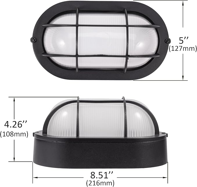GRUENLICH LED Bulkhead Light Fixture, Aluminum Outdoor Wall Lantern, 8.5" | Oval Exterior Porch Light Wall Sconce for House Walkway Nautical Sauna, Dimmable 6W 600 Lumen, Glass, 3000K, Black, 1 Pack