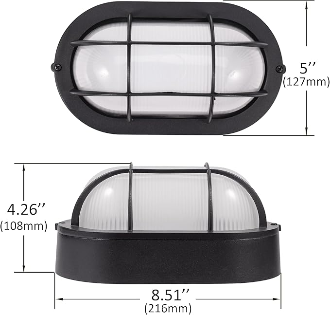 GRUENLICH LED Bulkhead Light Fixture, Aluminum Outdoor Wall Lantern, 8.5" | Oval Exterior Porch Light Wall Sconce for House Walkway Nautical Sauna, Dimmable 6W 600 Lumen, Glass, 5000K, Black, 2 Pack