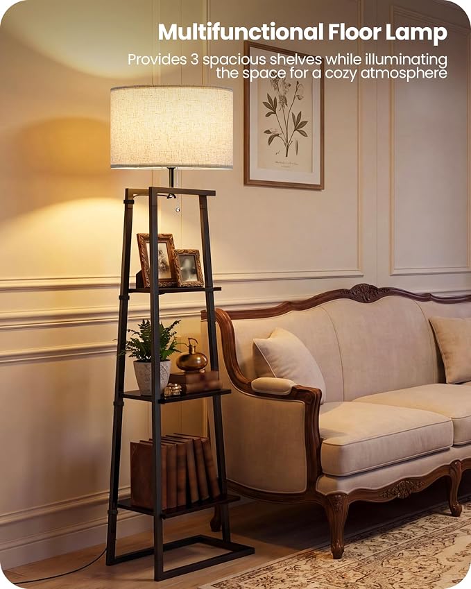 Floor Lamp with 3-Tier Storage Shelves, Standing Floor Lamp with Pull Chain Switch, Industrial Shelf Floor Lamp for Living Room, Bedroom, Office,Bulb Not Included, Black and Beige BE34LD05