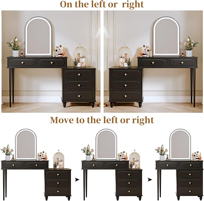 Ieejdn Black,Vanity Desk with Mirror and Lights,Makeup Vanity with Power Outlet and Adjustable Cabinet,Modern Makeup Table with 3 Drawers for Bedroom Makeup Room