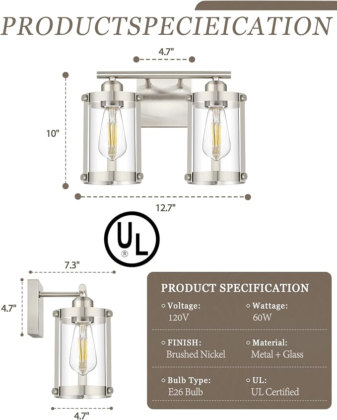 2-Light Brushed Nickel Bathroom Light Fixtures, 13.8 Inch Modern Bathroom Vanity Lighting Fixtures Over Mirror with Clear Glass and Metal Cage Wall Sconce Lights for Bath, E26, OS-3014BN-2W