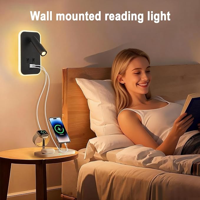 Wall Lamp with Wall Mounted Reading Lights,Modern Black Wall Sconce Plug in for Bedroom Living Room with Charging Station USB C+A Ports,Headboard Bedside Lamps with 3W+9W Night Light 3000K