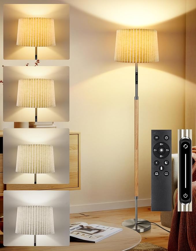 OUTON Wood Floor Lamp with Remote & Touch Slider, 4 Color Temperatures, Stepless Dimmable LED Standing Lamp with 2 Interchangeable Fabric Shades for Living Room, Bedroom, Office,Wood
