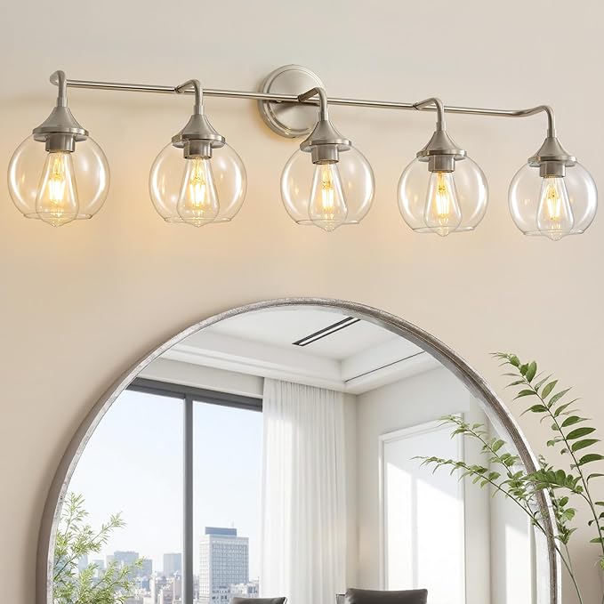 Bathroom Vanity Lights 5-Light Brushed Nickel Vanity Light 39" | Farmhouse Vanity Lighting Fixtures Over Mirror, Thickened Clear Glass Shade, UL E26 Dimmable Vanity Light Fixtures