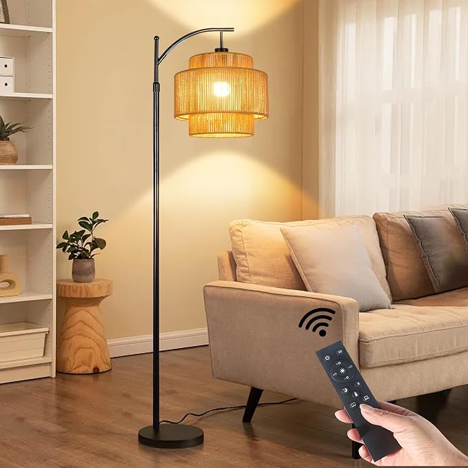 ILLMTW Rattan Floor Lamp for Living Room Bedroom Boho Arc Standing Lamp with Remote Dimmable Black Farmhouse Wicker Bamboo Lamp Shade Floor Light Tall Lamp Industrial Floor Lamps Bohemian Decor