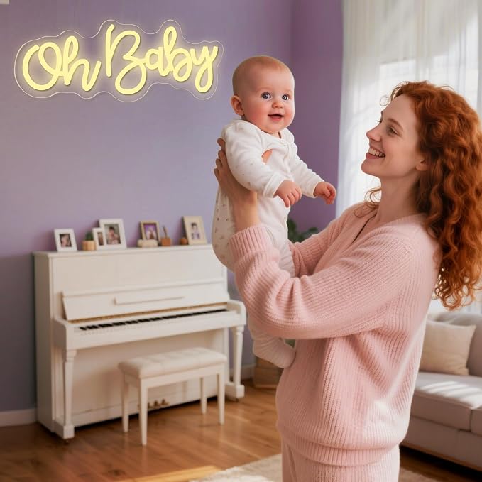 Oh Baby Neon Sign for Wall Decor, USB Powered Light Up Sign for Baby Shower | Warm White Backdrop for Gender Reveal, Birthday Party, Wedding Decorations, 16" x 7"