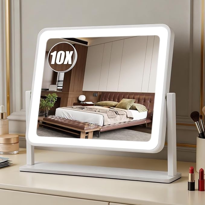 Rechargeable Vanity Mirror with Lights, 3000mAH Battery, 14"×12" LED Makeup Mirror, 10X Magnification, Smart Touch with 3-Color Lighting, 360° Rotation, Lighted Up for Makeup Desk, Bedroom (White)