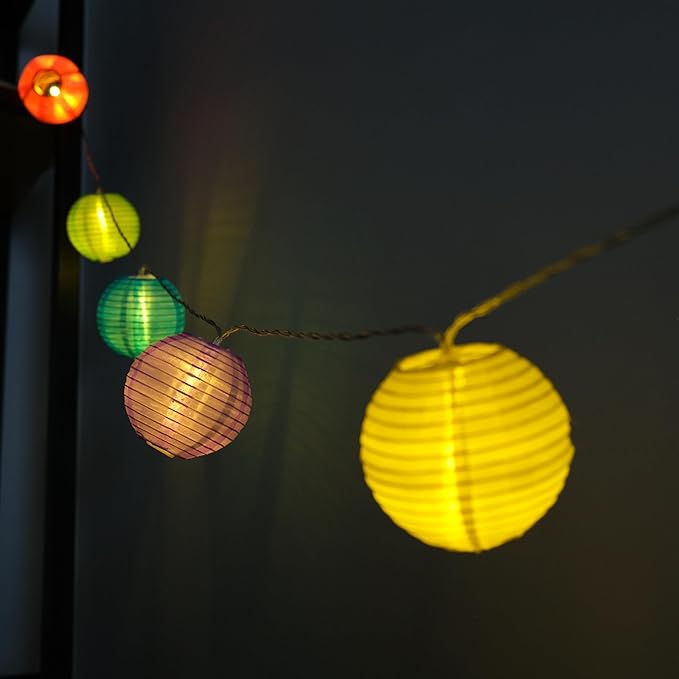 RJZZ Lantern String Lights Multicolor Lantern Lights 9.4Ft Nylon Lanterns with Lights Battery Operated 10 Count Summer String Lights Indoor Outdoor Hanging Lights for Bedroom, Nursery, Patio, Party