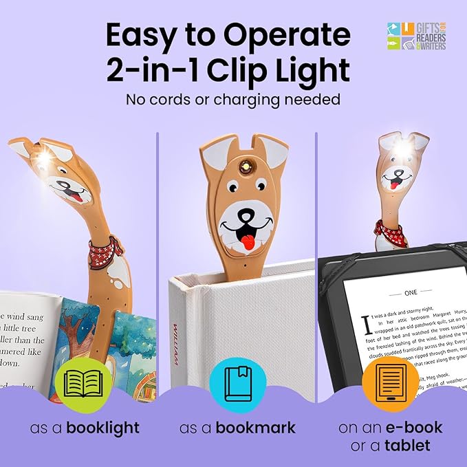 Gifts for Readers & Writers Book Light for Kids, Clip On Reading Light for Bed, 2in1 Flexilight Pals & Bookmark, Small & Lightweight with a Soft Glow, 2 Batteries Included, Dog