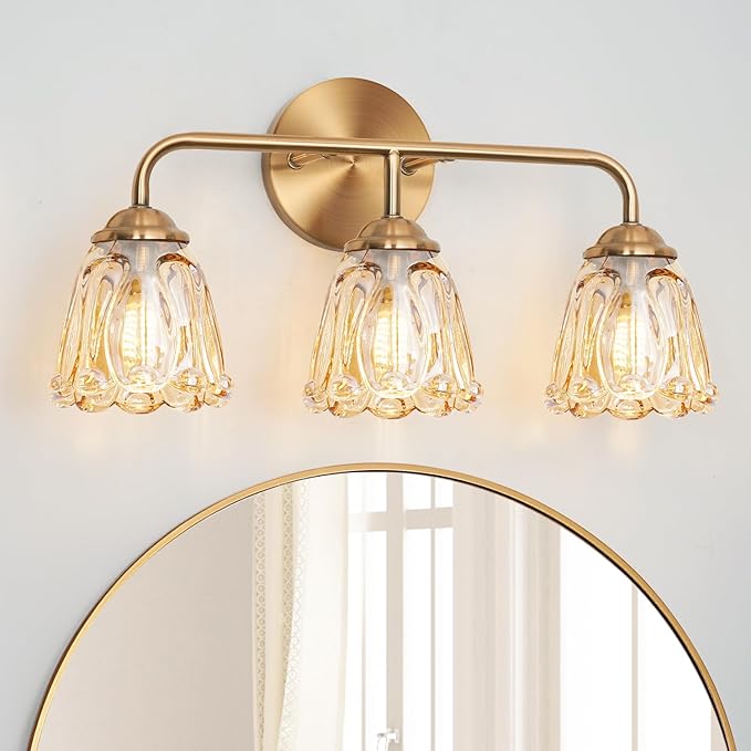 Vintage 3 Light Vanity Light, Gold Bathroom Vanity Light, Bathroom Light Fixtures with AmberGlass Shade, Antique Vanity Light Fixtures Over Mirror, Wall Sconce for Bedroom, Living Room