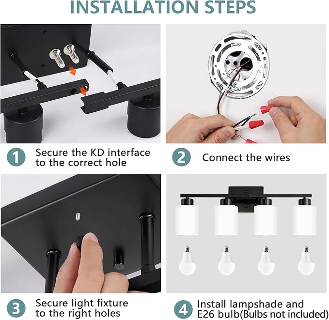 Black Bathroom Light Fixtures Vanity Lighting Over Mirror | 4-Light Modern Wall Sconces with Milky White Frosted Glass Shades for Restroom (E26 Socket)