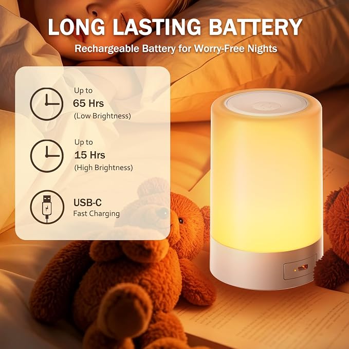2 Pack Baby Night Light for Nursery, Rechargeable Touch Night Light, Portable Bedside Lamp, Dimmable Nursing Light for Breastfeeding, Diaper Changes, Kids Room & Bedroom