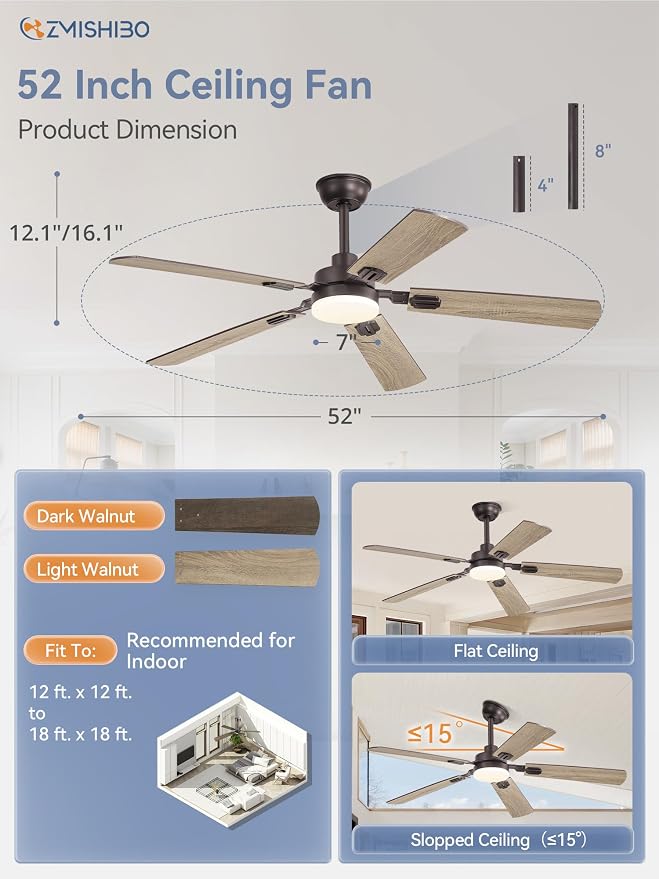 ZMISHIBO 52" Ceiling Fan with Light and Remote, Oil Bronze Farmhouse Indoor | 24W 2400LM Bright LED, 3CCT, Dimmable, App Control, Rustic Dual Finish Blades, Quiet&Strong Motor for Bedroom, Living Room