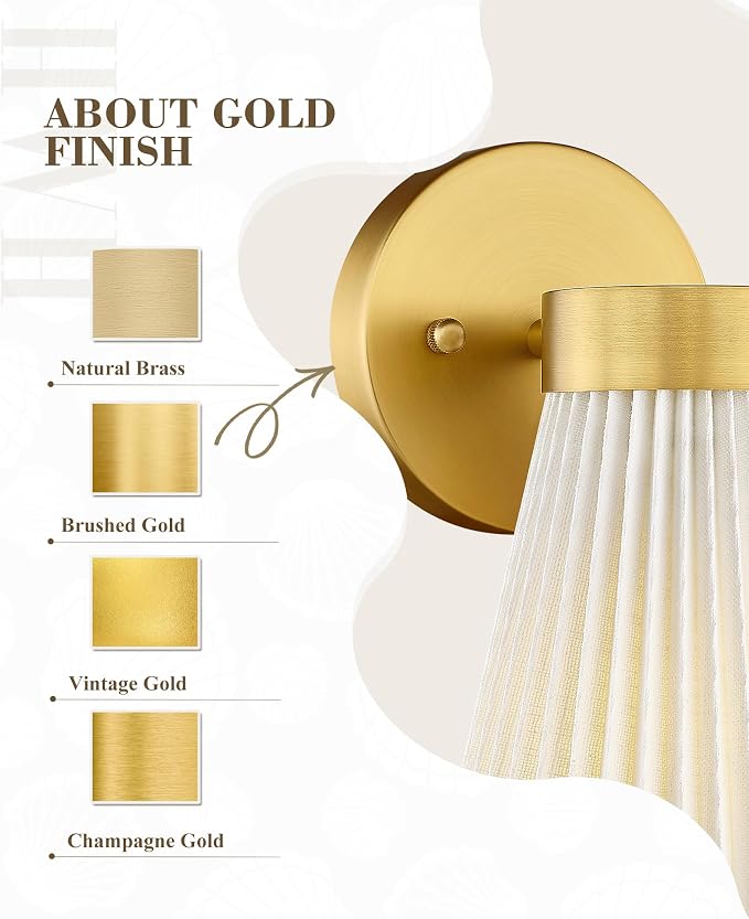 Fabric Bathroom Light Fixture, HWH 1-Light Sconce Wall Lighting with Milk White Striped Fabric Shade, Brushed Gold Finish, Modern Vanity Lights for Bathroom Bedroom, 5HZG97B BG-FB